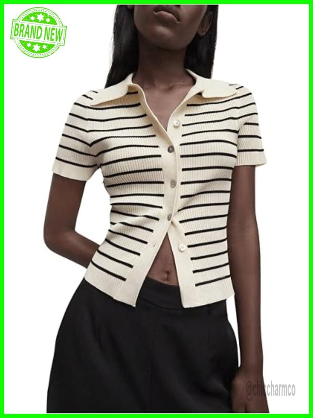 Striped Knit Button Down Short Sleeve Tee Tops Women Collared Sweater Shirt